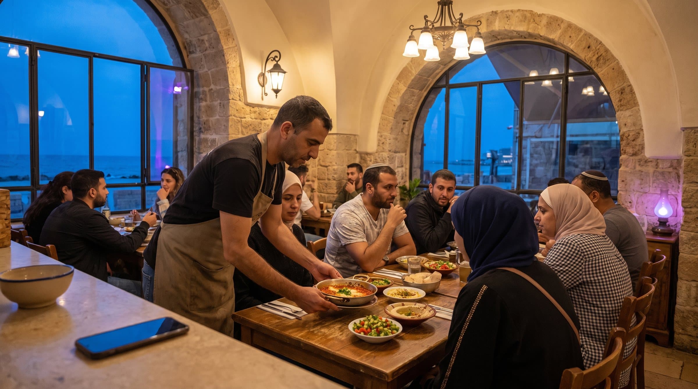 מלצר מגיש שקשוקה, חומוס וסלטים במסעדה ביפו העתיקה, תחת קשתות אבן
